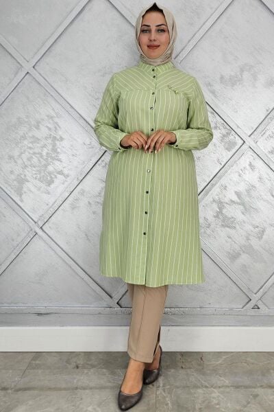 PYS KADIN BROŞLU ÇİZGİLİ KETEN TESETTÜR GÖMLEK YEŞİL - 4 BEDEN