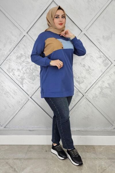 KADIN KOMBNLİ TAŞ DETAYLI TESETTÜR TUNİK İNDİGO - 2XL