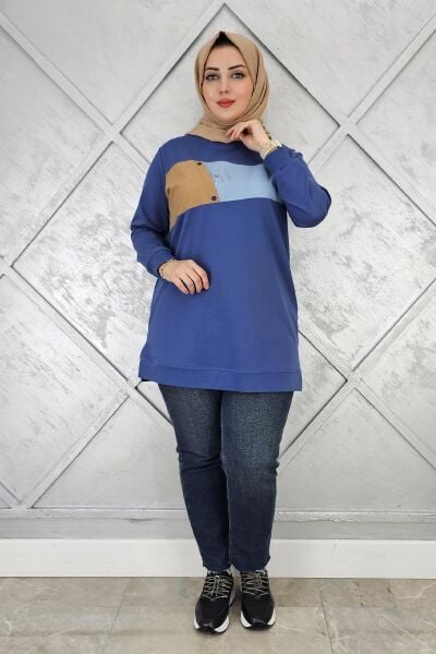 KADIN KOMBNLİ TAŞ DETAYLI TESETTÜR TUNİK İNDİGO - 2XL