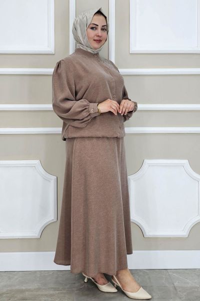 PYS KADIN TAŞ DETAYLI TESETTÜR TAKIM SOMON - 4 BEDEN