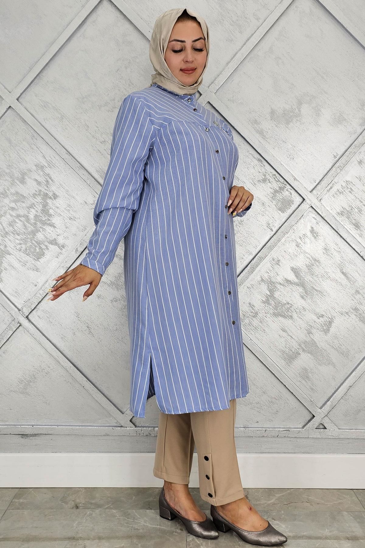 PYS KADIN BROŞLU ÇİZGİLİ KETEN TESETTÜR GÖMLEK MAVİ - 2 BEDEN