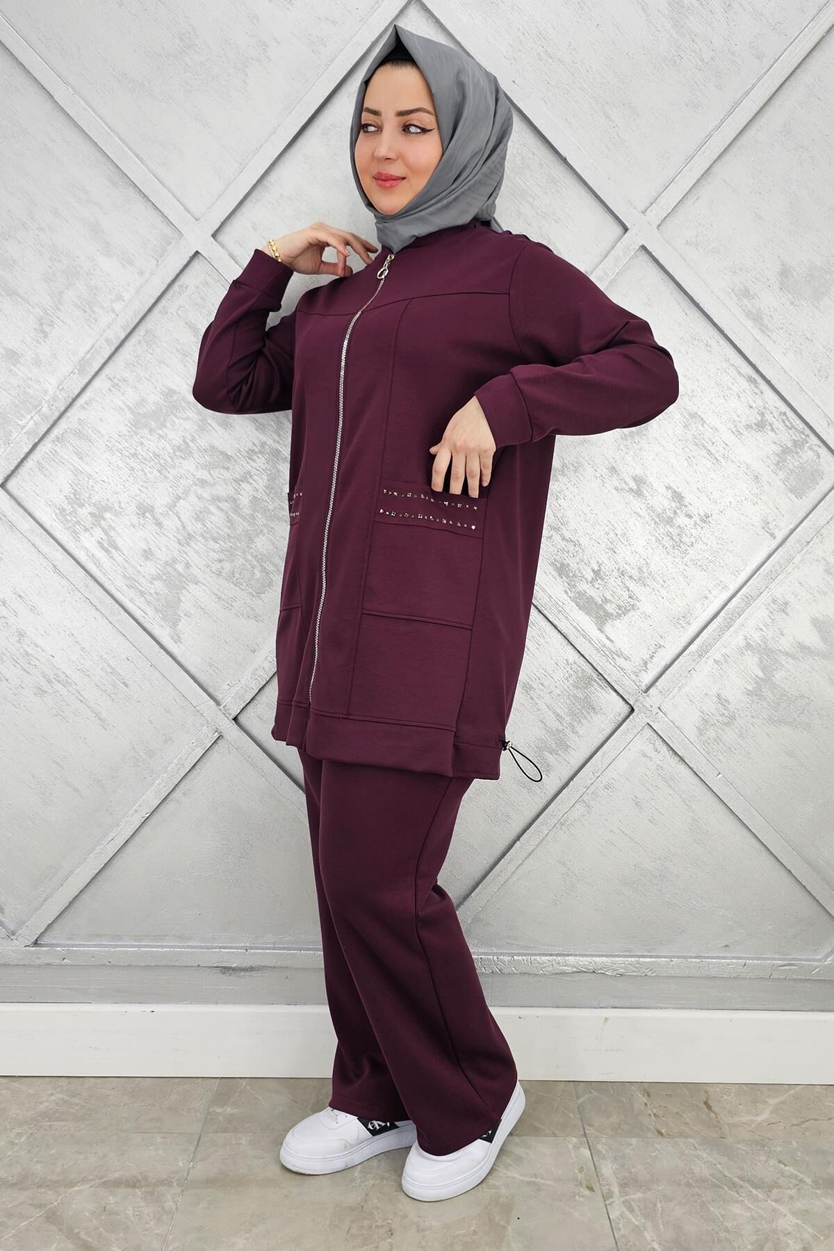 KADIN CEBİ YAŞ DETAYLI FERMUARLI TESETTÜR TAKIM BORDO - 5 BEDEN