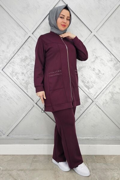 KADIN CEBİ YAŞ DETAYLI FERMUARLI TESETTÜR TAKIM BORDO - 5 BEDEN