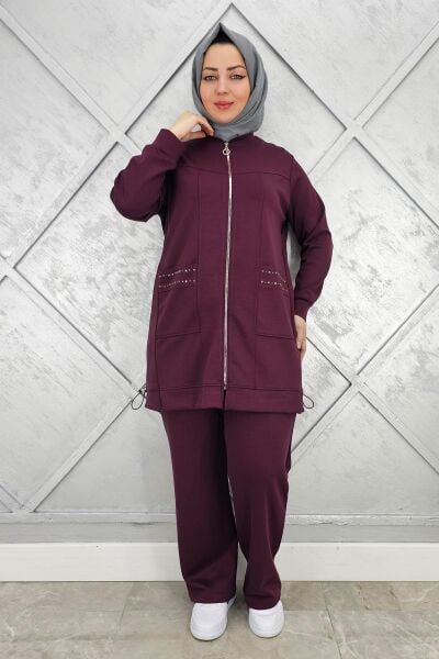 KADIN CEBİ YAŞ DETAYLI FERMUARLI TESETTÜR TAKIM BORDO - 5 BEDEN
