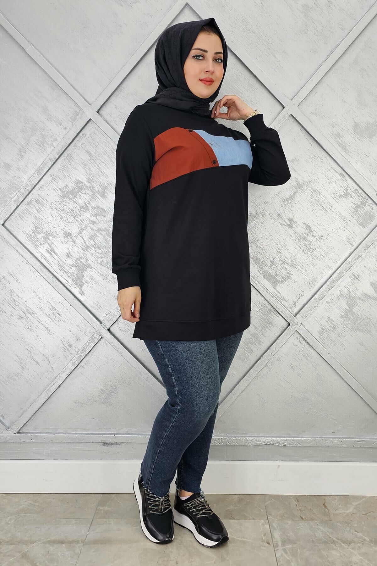 KADIN KOMBNLİ TAŞ DETAYLI TESETTÜR TUNİK SİYAH - XL