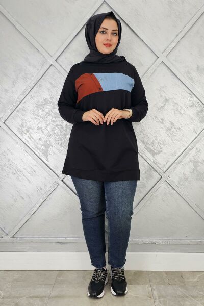 KADIN KOMBNLİ TAŞ DETAYLI TESETTÜR TUNİK SİYAH - XL