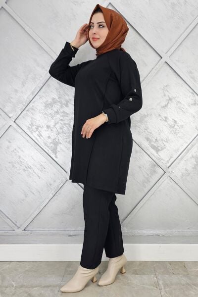 KADIN KOL DÜĞME DETAYLI TESETTÜR TUNİK SİYAH - 3 BEDEN