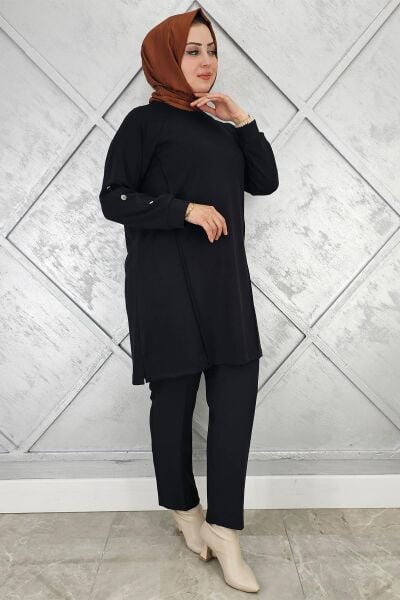 KADIN KOL DÜĞME DETAYLI TESETTÜR TUNİK SİYAH - 3 BEDEN