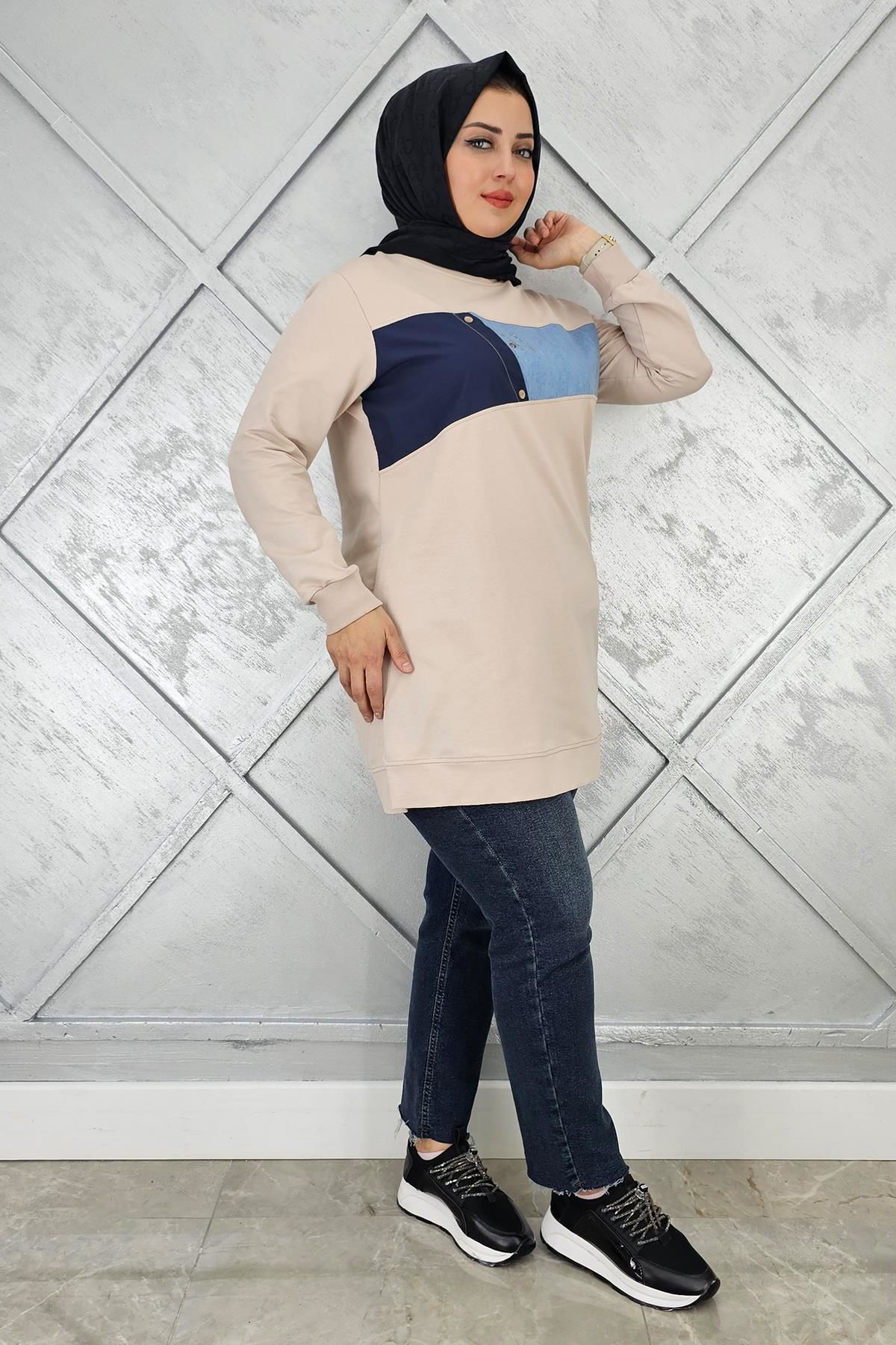 KADIN KOMBNLİ TAŞ DETAYLI TESETTÜR TUNİK BEJ - L