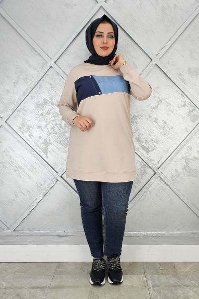 KADIN KOMBNLİ TAŞ DETAYLI TESETTÜR TUNİK BEJ - L