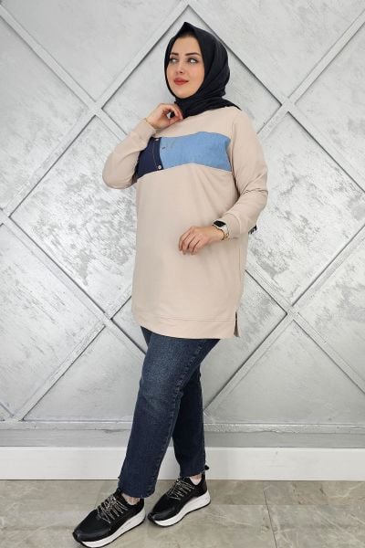 KADIN KOMBNLİ TAŞ DETAYLI TESETTÜR TUNİK BEJ - L