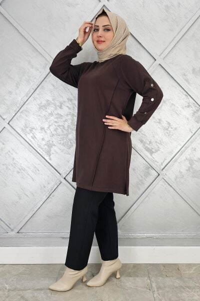 KADIN KOL DÜĞME DETAYLI TESETTÜR TUNİK KAHVERENGİ - 5 BEDEN