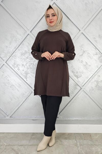 KADIN KOL DÜĞME DETAYLI TESETTÜR TUNİK KAHVERENGİ - 5 BEDEN