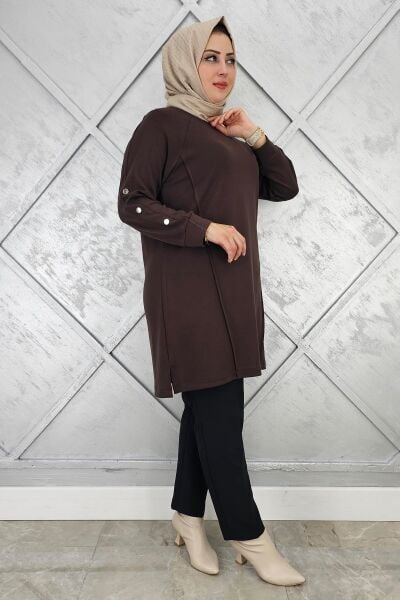 KADIN KOL DÜĞME DETAYLI TESETTÜR TUNİK KAHVERENGİ - 5 BEDEN