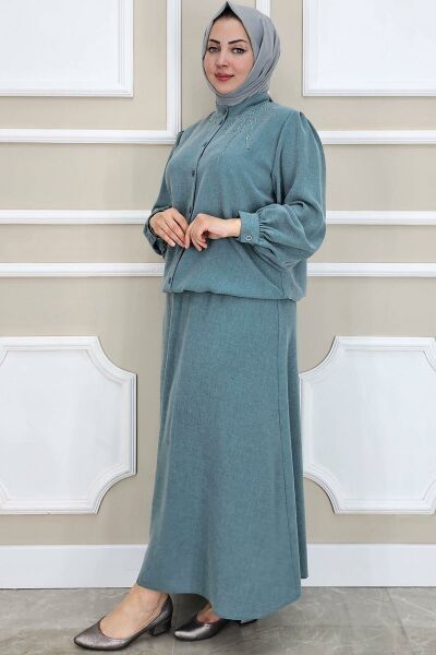 PYS KADIN TAŞ DETAYLI TESETTÜR TAKIM YEŞİL - 5 BEDEN
