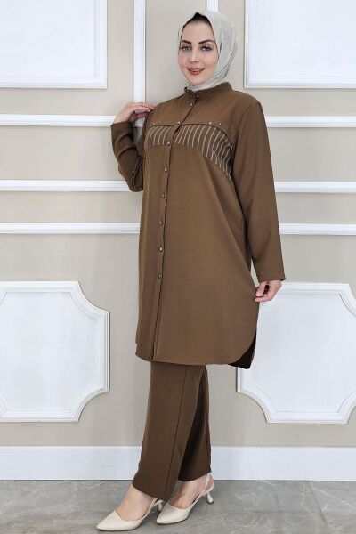 KADIN KOMBİNLİ TAŞ DETAYLI TESETTÜR TAKIM KAHVERENGİ - 2 BEDEN