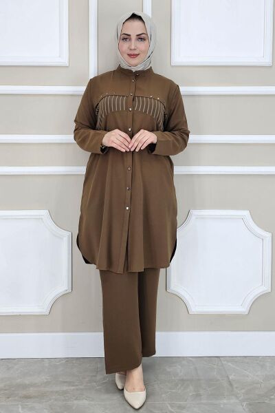 KADIN KOMBİNLİ TAŞ DETAYLI TESETTÜR TAKIM KAHVERENGİ - 2 BEDEN