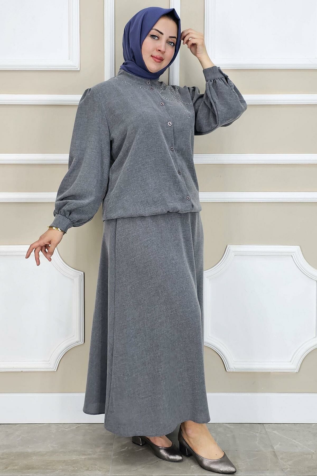 PYS KADIN TAŞ DETAYLI TESETTÜR TAKIM GRİ - 5 BEDEN