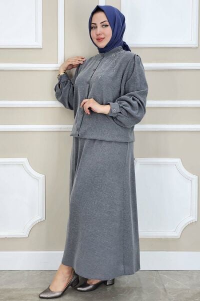 PYS KADIN TAŞ DETAYLI TESETTÜR TAKIM GRİ - 5 BEDEN