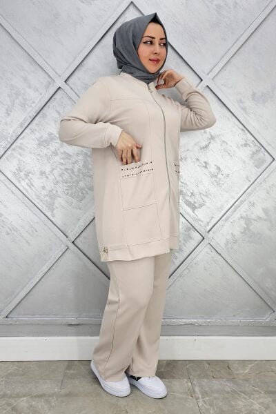 KADIN CEBİ YAŞ DETAYLI FERMUARLI TESETTÜR TAKIM TAŞ - 3 BEDEN