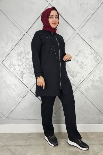 KADIN TAŞ DETAYLI FERMUARLI TESETTÜR TAKIM SİYAH - 2 BEDEN