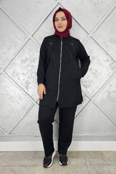 KADIN TAŞ DETAYLI FERMUARLI TESETTÜR TAKIM SİYAH - 2 BEDEN