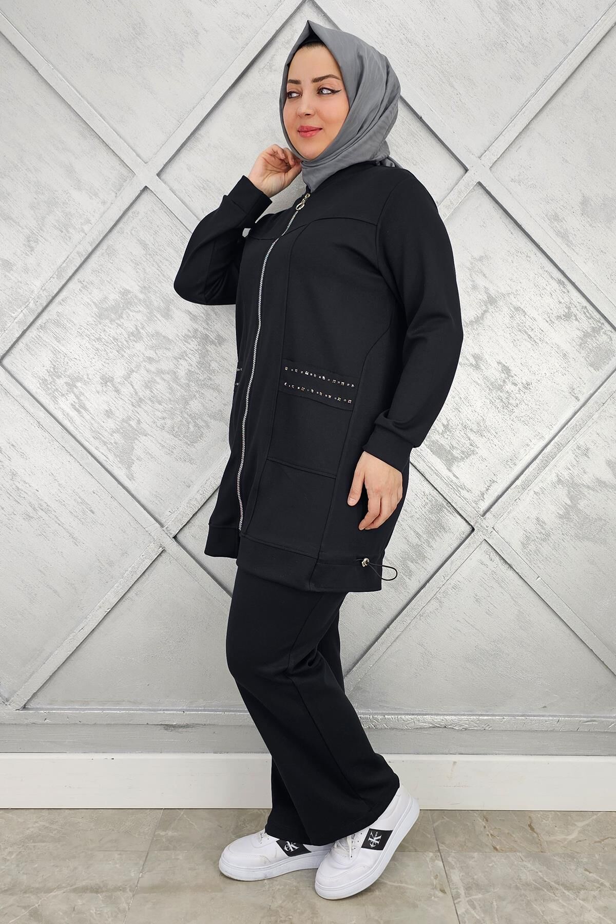 KADIN CEBİ YAŞ DETAYLI FERMUARLI TESETTÜR TAKIM SİYAH - 5 BEDEN