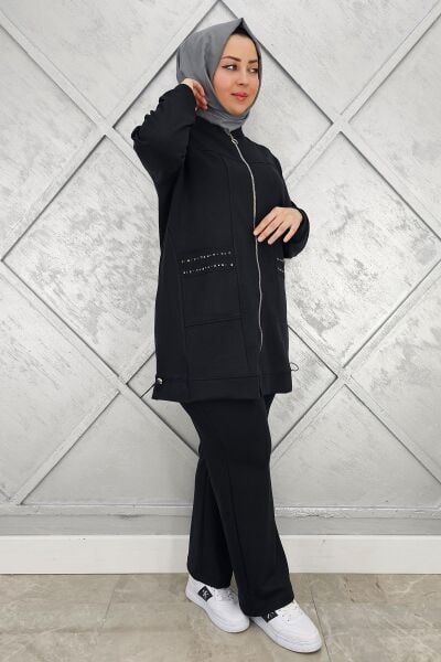KADIN CEBİ YAŞ DETAYLI FERMUARLI TESETTÜR TAKIM SİYAH - 5 BEDEN