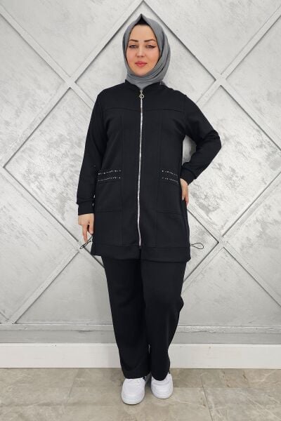 KADIN CEBİ YAŞ DETAYLI FERMUARLI TESETTÜR TAKIM SİYAH - 5 BEDEN