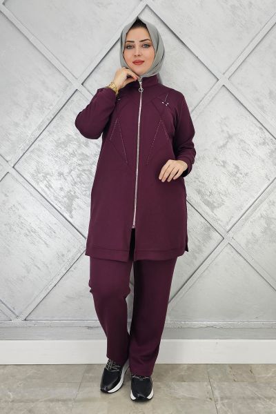 KADIN TAŞ DETAYLI FERMUARLI TESETTÜR TAKIM BORDO - 4 BEDEN