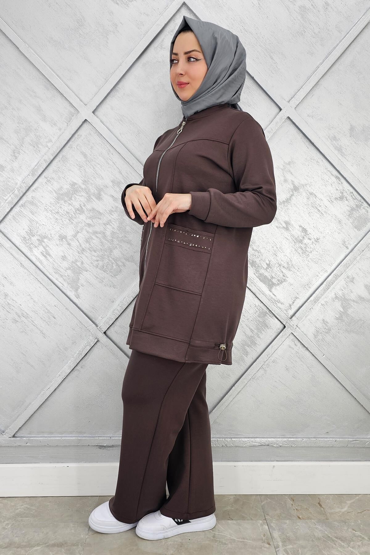 KADIN CEBİ YAŞ DETAYLI FERMUARLI TESETTÜR TAKIM KAHVERENGİ - 5 BEDEN