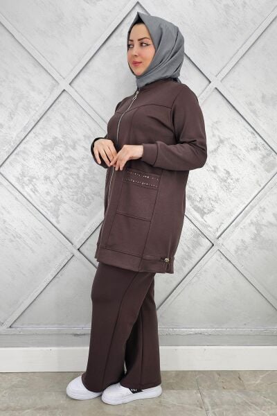 KADIN CEBİ YAŞ DETAYLI FERMUARLI TESETTÜR TAKIM KAHVERENGİ - 5 BEDEN