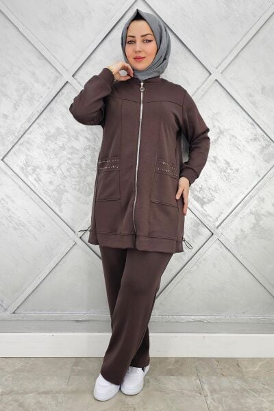 KADIN CEBİ YAŞ DETAYLI FERMUARLI TESETTÜR TAKIM KAHVERENGİ - 5 BEDEN