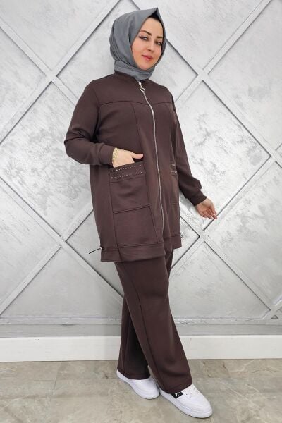 KADIN CEBİ YAŞ DETAYLI FERMUARLI TESETTÜR TAKIM KAHVERENGİ - 5 BEDEN