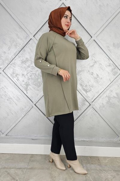 KADIN KOL DÜĞME DETAYLI TESETTÜR TUNİK HAKİ - 2 BEDEN