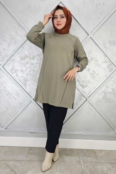 KADIN KOL DÜĞME DETAYLI TESETTÜR TUNİK HAKİ - 2 BEDEN