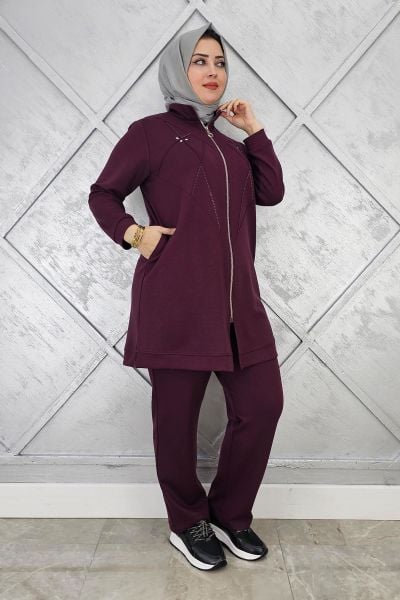 KADIN TAŞ DETAYLI FERMUARLI TESETTÜR TAKIM BORDO - 5 BEDEN
