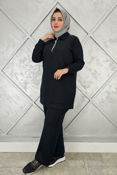 KADIN BEDEN TAŞ DRTAYLI TESETTÜR TAKIM SİYAH - 2 BEDEN
