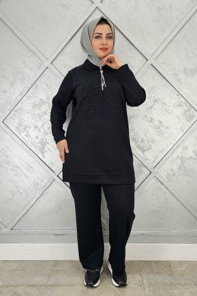 KADIN BEDEN TAŞ DRTAYLI TESETTÜR TAKIM SİYAH - 2 BEDEN