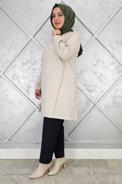KADIN KOL DÜĞME DETAYLI TESETTÜR TUNİK BEJ - 2 BEDEN