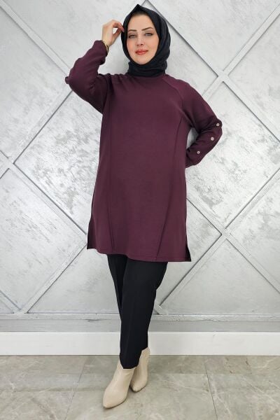 KADIN KOL DÜĞME DETAYLI TESETTÜR TUNİK BORDO - 5 BEDEN