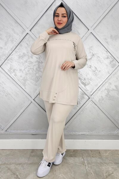 KADIN DÜĞME VE TAŞ DETAYLI TESETTÜR TAKIM TAŞ - 5 BEDEN