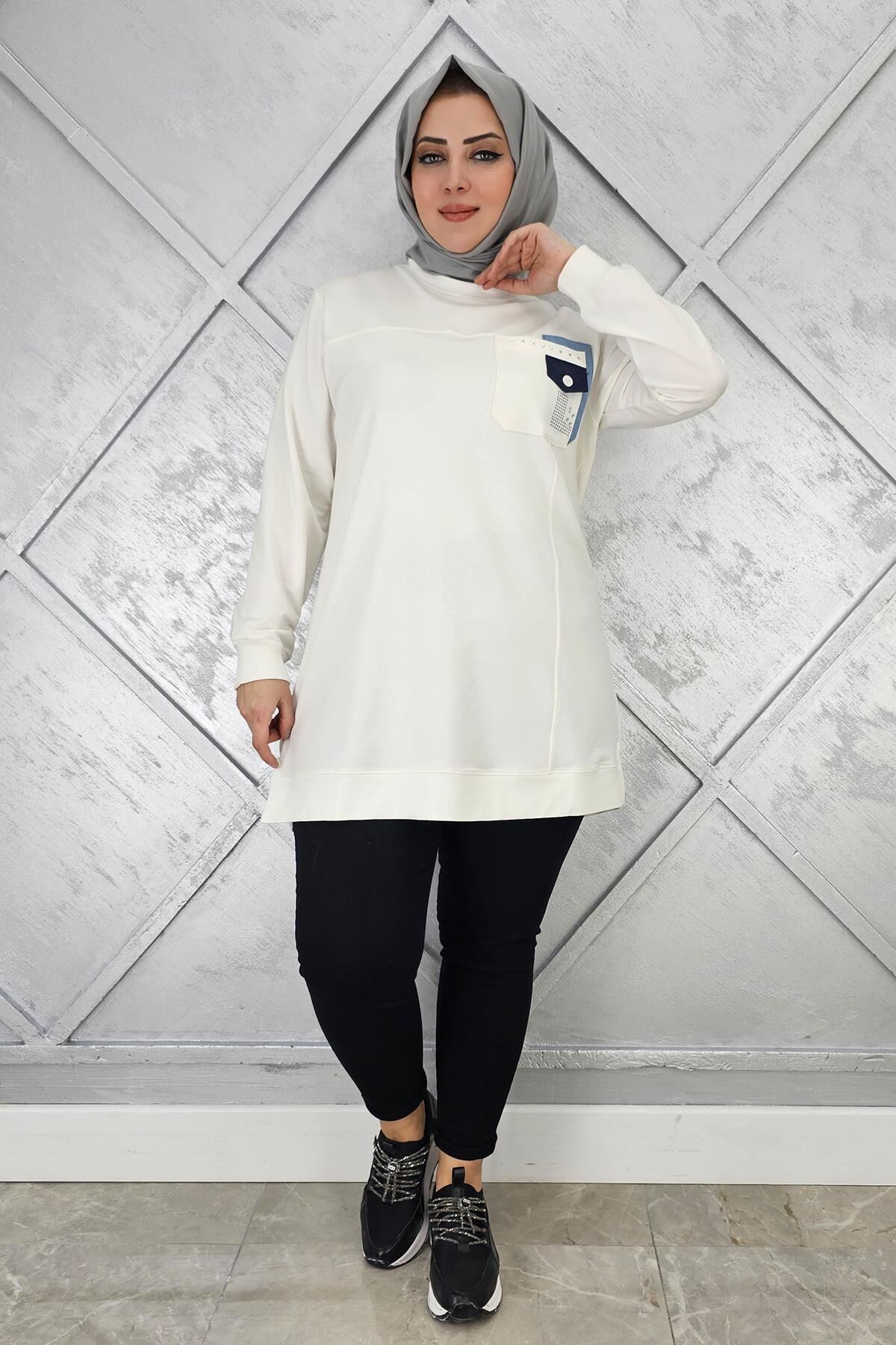 KADIN DÜĞME VE TAŞ DETAYLI TESETTÜR TUNİK İNDİGO - XL