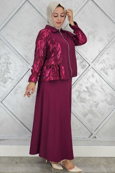PYS KADIN BÜZGÜ DETAYLI TESETTÜR TAKIM BORDO - 5 BEDEN