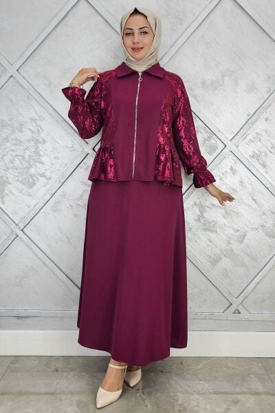 PYS KADIN BÜZGÜ DETAYLI TESETTÜR TAKIM BORDO - 5 BEDEN