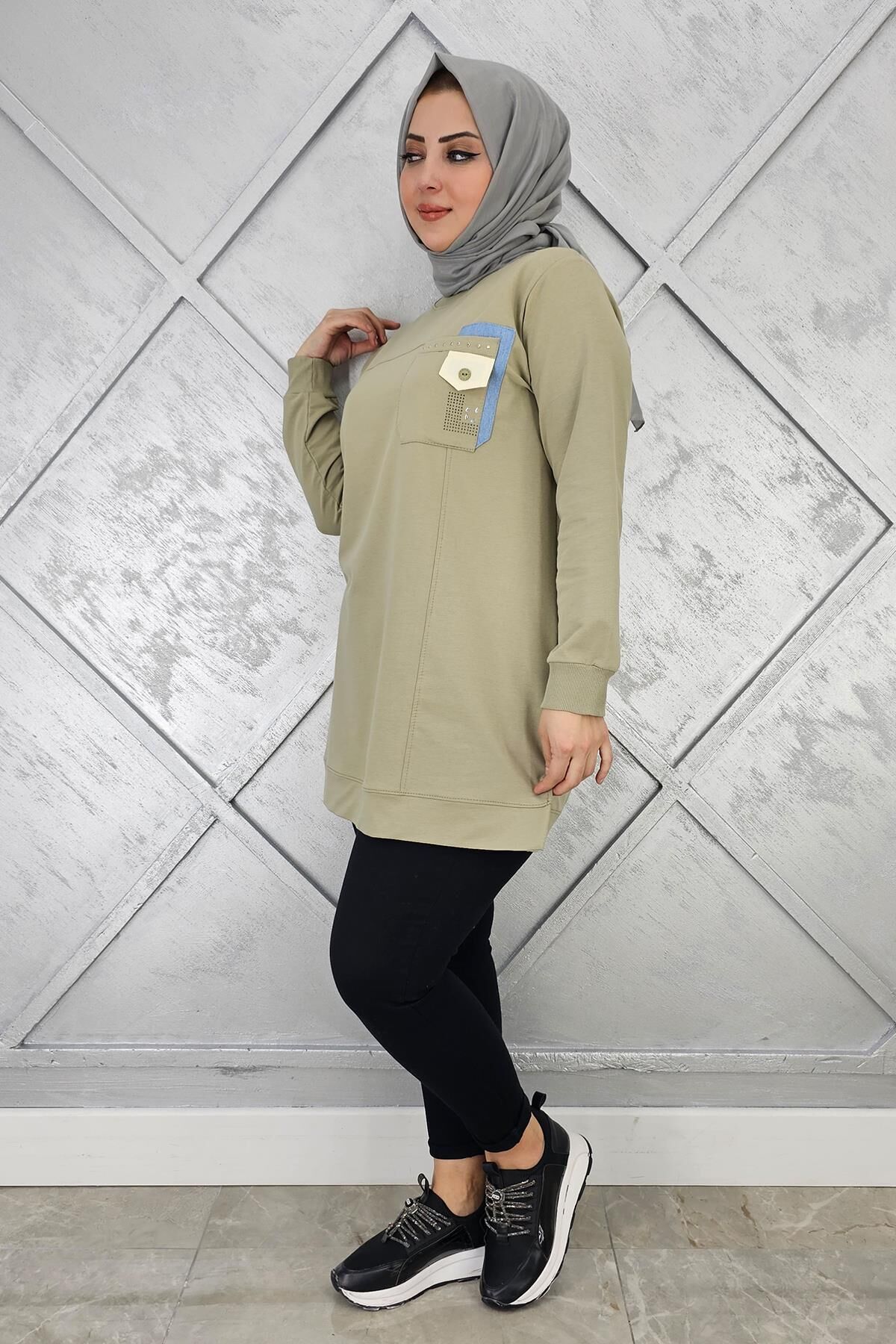 KADIN DÜĞME VE TAŞ DETAYLI TESETTÜR TUNİK MİNT YEŞİLİ - 2XL