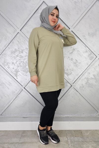 KADIN DÜĞME VE TAŞ DETAYLI TESETTÜR TUNİK MİNT YEŞİLİ - 2XL