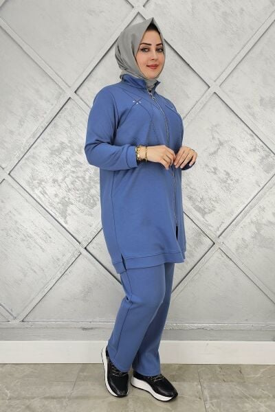 KADIN TAŞ DETAYLI FERMUARLI TESETTÜR TAKIM İNDİGO - 2 BEDEN