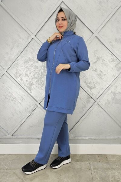 KADIN TAŞ DETAYLI FERMUARLI TESETTÜR TAKIM İNDİGO - 2 BEDEN