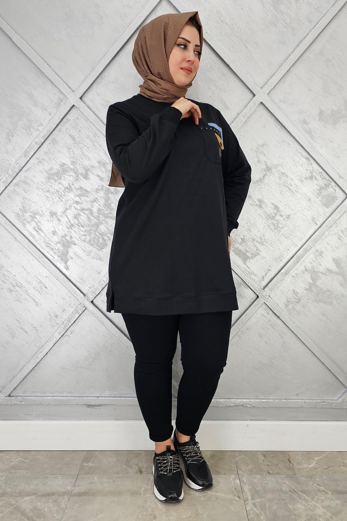 KADIN DÜĞME VE TAŞ DETAYLI TESETTÜR TUNİK SİYAH - 2XL
